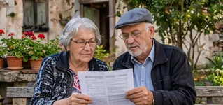 Bahçede oturup emeklilik yazısını birlikte okuyan yaşlı bir çift