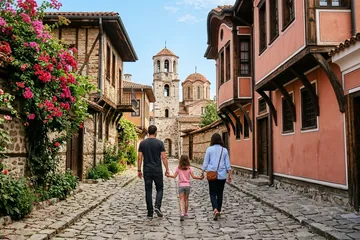 Filibe’nin eski şehrinde Arnavut kaldırımlı sokakta yürüyen bir aile