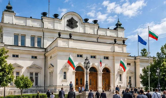 Sofya’daki Bulgaristan Ulusal Meclis binası ve önündeki bayraklar